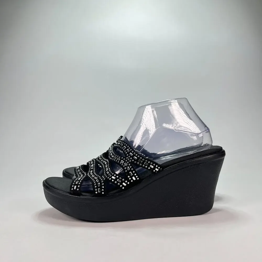 Skechers Rumble Up Funny Business Black Rhinestone Wedge Sandals Women's Size 11